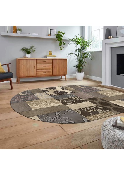 Dijital Baskılı Kaymaz Yıkanabilir Oval Patchwork Yolluk Salon Halısı, V-O-Patchwork-16-Vizon,