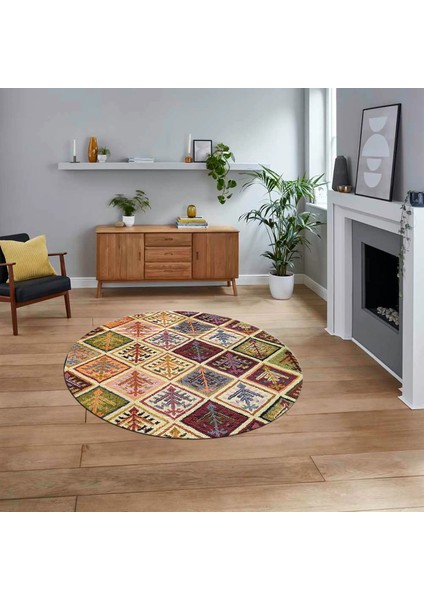 Dijital Baskılı Kaymaz Yıkanabilir Yuvarlak Patchwork Mutfak Salon Halısı, V-Y-Patchwork-08-Renkli,