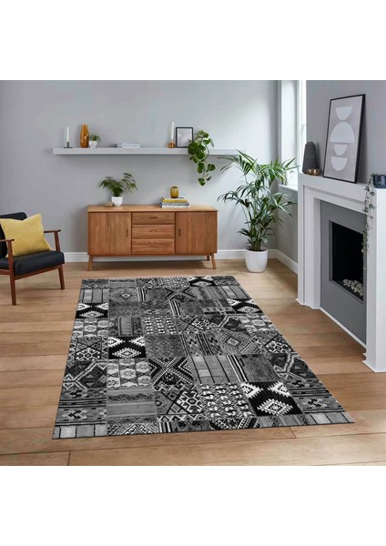 Dijital Baskılı Kaymaz Taban Yıkanabilir Patchwork Yolluk Salon Halısı, V-Patchwork-06-Gri,