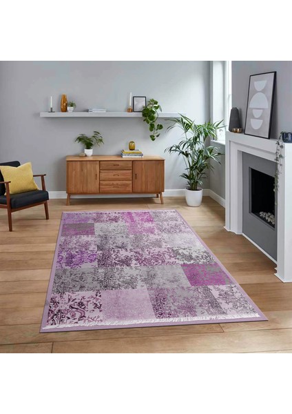 Dijital Baskılı Kaymaz Taban Yıkanabilir Patchwork Yolluk Salon Halısı, V-Patchwork-17-Pembe,