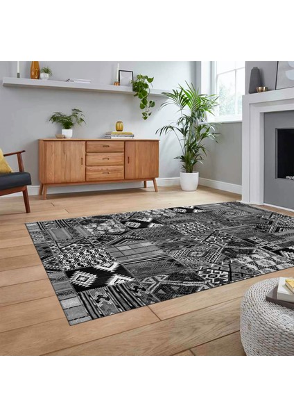 Dijital Baskılı Kaymaz Taban Yıkanabilir Patchwork Yolluk Salon Halısı, V-Patchwork-06-Gri,