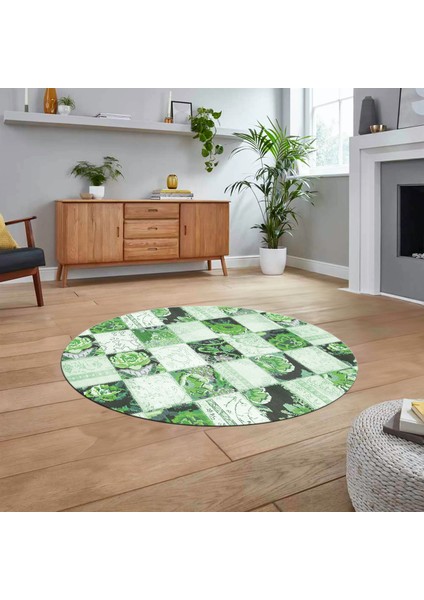 Dijital Baskılı Kaymaz Yıkanabilir Yuvarlak Patchwork Mutfak Salon Halısı, V-Y-Patchwork-19-Yeşil,