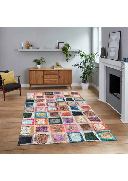 Dijital Baskılı Kaymaz Taban Yıkanabilir Patchwork Yolluk Salon Halısı, V-Patchwork-14-Renkli,