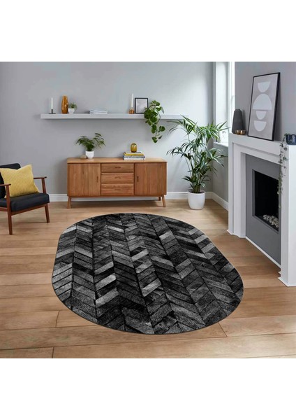 Dijital Baskılı Kaymaz Yıkanabilir Oval Patchwork Yolluk Salon Halısı, V-O-Patchwork-13-Antrasit,