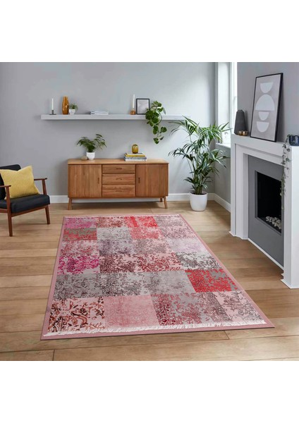 Dijital Baskılı Kaymaz Taban Yıkanabilir Patchwork Yolluk Salon Halısı, V-Patchwork-17-Kırmızı,