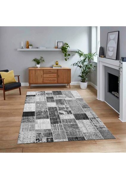 Dijital Baskılı Kaymaz Taban Yıkanabilir Patchwork Yolluk Salon Halısı, V-Patchwork-03-Gri,