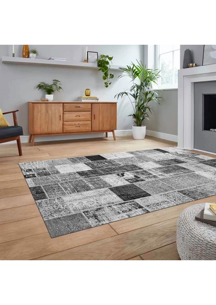 Dijital Baskılı Kaymaz Taban Yıkanabilir Patchwork Yolluk Salon Halısı, V-Patchwork-03-Gri,