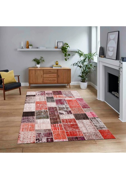 Dijital Baskılı Kaymaz Taban Yıkanabilir Patchwork Yolluk Salon Halısı, V-Patchwork-03-Kırmızı,