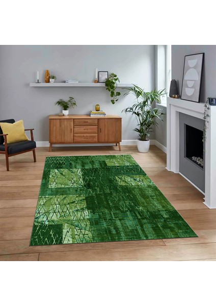Dijital Baskılı Kaymaz Taban Yıkanabilir Patchwork Yolluk Salon Halısı, V-Patchwork-05-Yeşil,