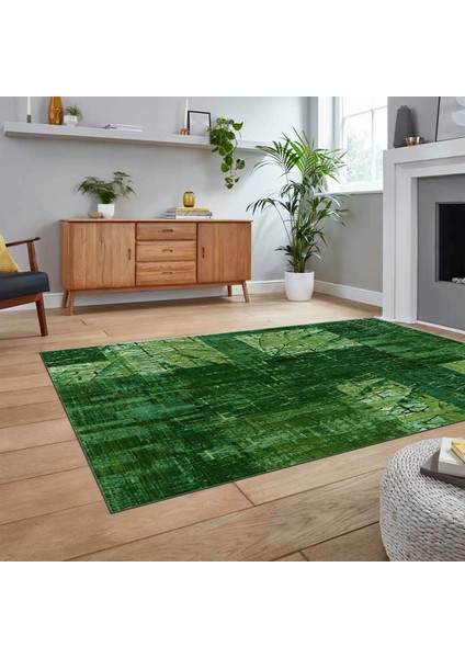 Dijital Baskılı Kaymaz Taban Yıkanabilir Patchwork Yolluk Salon Halısı, V-Patchwork-05-Yeşil,