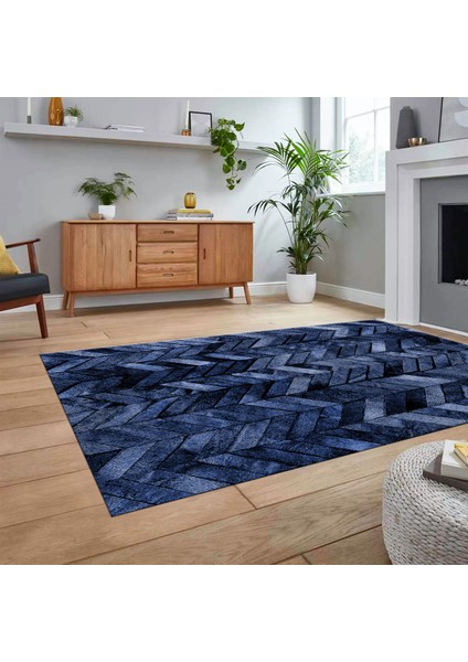 Dijital Baskılı Kaymaz Taban Yıkanabilir Patchwork Yolluk Salon Halısı, V-Patchwork-13-Mavi,