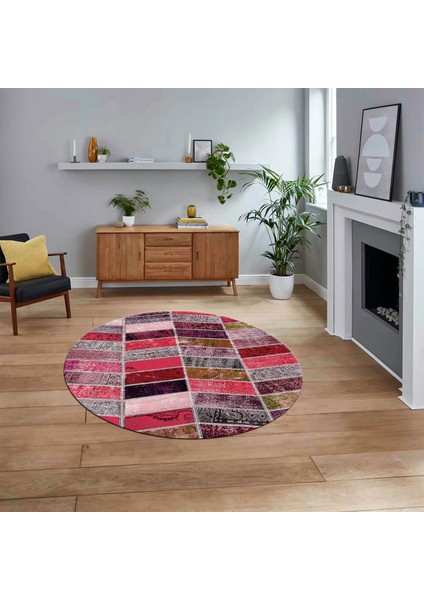 Dijital Baskılı Kaymaz Yıkanabilir Yuvarlak Patchwork Mutfak Salon Halısı, V-Y-Patchwork-10-Kırmızı,