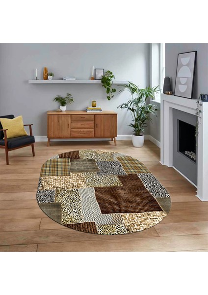 Dijital Baskılı Kaymaz Yıkanabilir Oval Patchwork Yolluk Salon Halısı, V-O-Patchwork-15-Kahve,