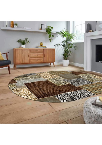 Dijital Baskılı Kaymaz Yıkanabilir Oval Patchwork Yolluk Salon Halısı, V-O-Patchwork-15-Kahve,