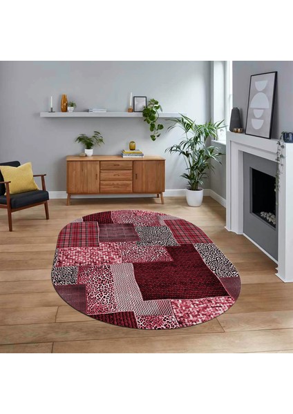 Dijital Baskılı Kaymaz Yıkanabilir Oval Patchwork Yolluk Salon Halısı, V-O-Patchwork-15-Kırmızı,