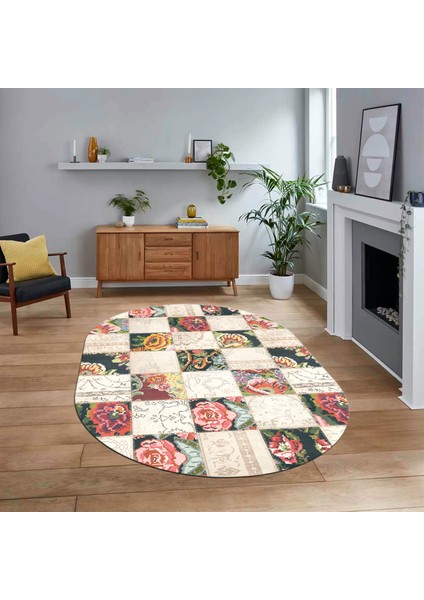 Dijital Baskılı Kaymaz Yıkanabilir Oval Patchwork Yolluk Salon Halısı, V-O-Patchwork-19-Renkli,