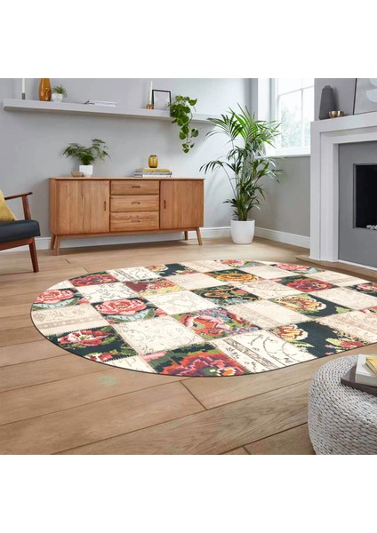 Dijital Baskılı Kaymaz Yıkanabilir Oval Patchwork Yolluk Salon Halısı, V-O-Patchwork-19-Renkli, fiyatları