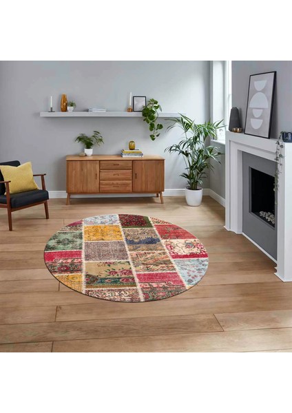 Dijital Baskılı Kaymaz Yıkanabilir Yuvarlak Patchwork Mutfak Salon Halısı, V-Y-Patchwork-04-Renkli,