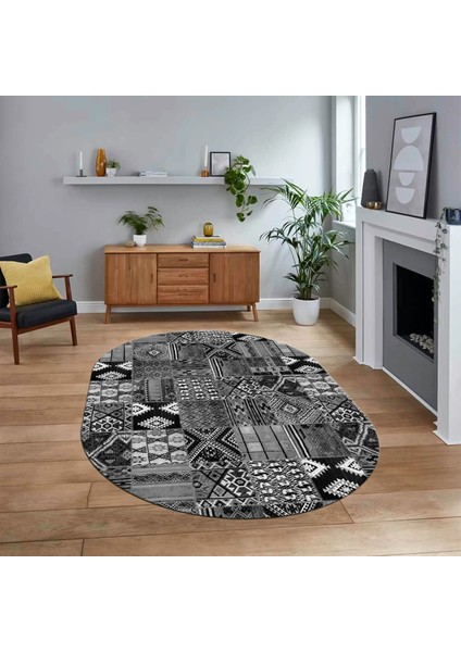 Dijital Baskılı Kaymaz Yıkanabilir Oval Patchwork Yolluk Salon Halısı, V-O-Patchwork-06-Gri,