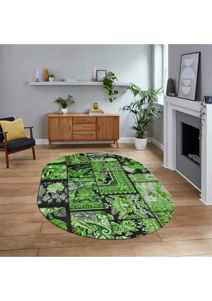 Dijital Baskılı Kaymaz Yıkanabilir Oval Patchwork Yolluk Salon Halısı, V-O-Patchwork-12-Yeşil,