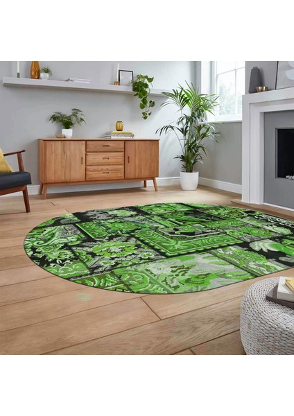 Dijital Baskılı Kaymaz Yıkanabilir Oval Patchwork Yolluk Salon Halısı, V-O-Patchwork-12-Yeşil, fiyatları