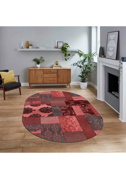 Dijital Baskılı Kaymaz Yıkanabilir Oval Patchwork Yolluk Salon Halısı, V-O-Patchwork-16-Kırmızı,