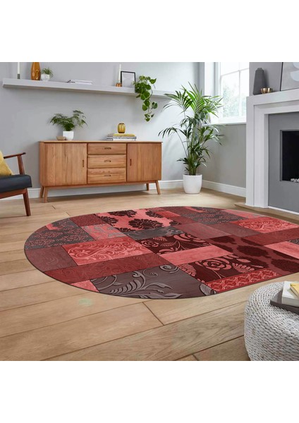 Dijital Baskılı Kaymaz Yıkanabilir Oval Patchwork Yolluk Salon Halısı, V-O-Patchwork-16-Kırmızı,