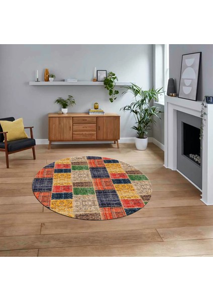 Dijital Baskılı Kaymaz Yıkanabilir Yuvarlak Patchwork Mutfak Salon Halısı, V-Y-Patchwork-07-Renkli,