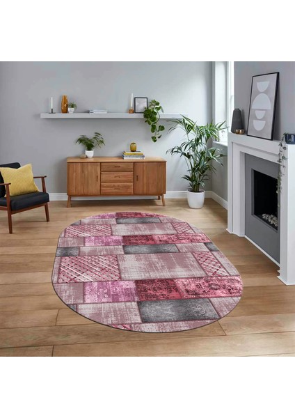 Dijital Baskılı Kaymaz Yıkanabilir Oval Patchwork Yolluk Salon Halısı, V-O-Patchwork-18-Pembe,