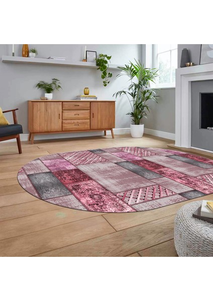 Dijital Baskılı Kaymaz Yıkanabilir Oval Patchwork Yolluk Salon Halısı, V-O-Patchwork-18-Pembe,