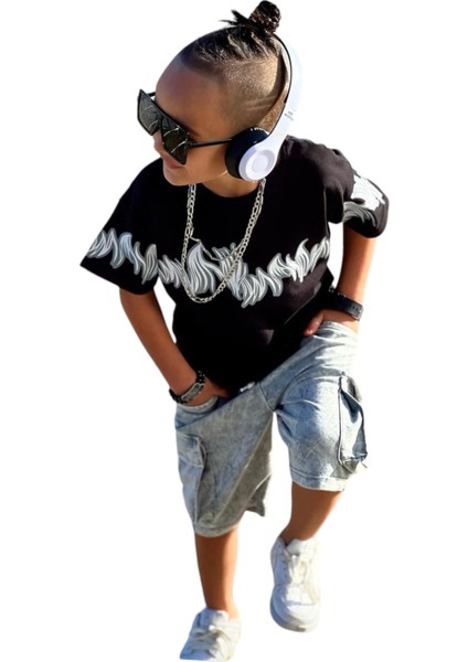 Siyah Gri Erkek Çocuk Yazlık Şort T-Shirt Takım