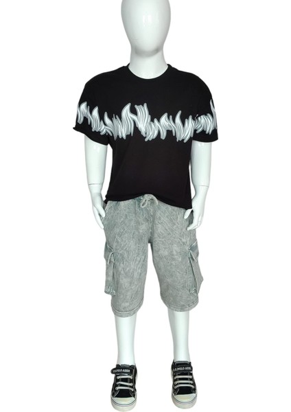 Siyah Gri Erkek Çocuk Yazlık Şort T-Shirt Takım