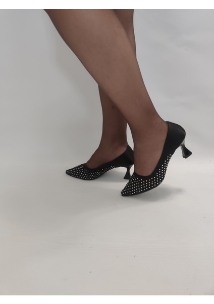 Borealix-Kadın Saten Tüllü Taşlı Alçak Topuk Stiletto - Siyah - 39