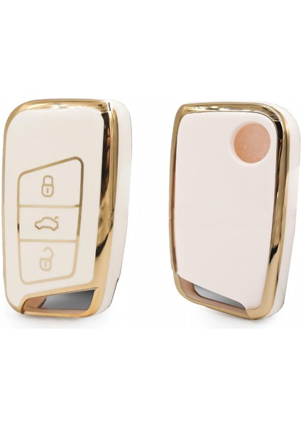 Volkswagen Passat B8 Skoda Superb Kodiaq Uyumlu Smart Kumanda Kılıfı Oto Anahtarlık Beyaz