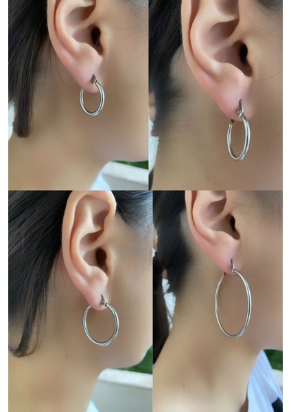 4 Çift Büyük Orta Küçük Boy Halka Küpeler 316L Paslanmaz Kararmaz Çelik Küpe Gümüş Gri Renk