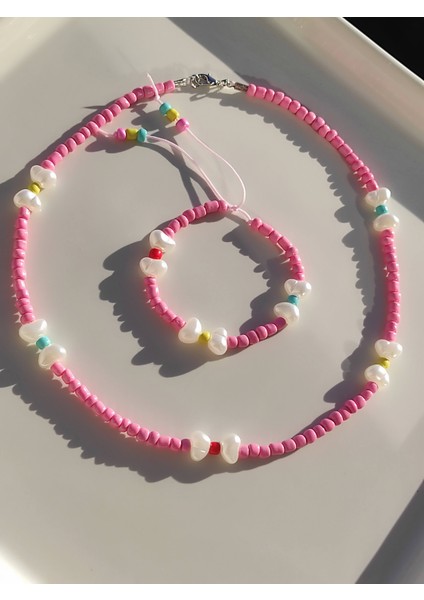 Amabel Jewelerys Pembe Kumboncuk Kolye ve Bileklik Çocuk Takım