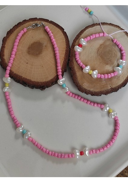 Amabel Jewelerys Pembe Kumboncuk Kolye ve Bileklik Çocuk Takım