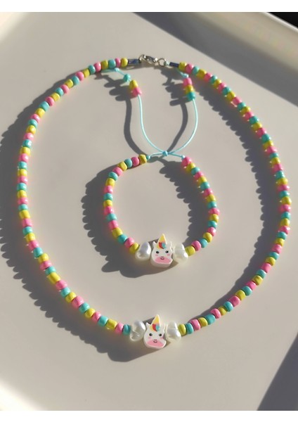 Unicorn Figürlü Kolye ve Bileklik Çocuk Takım