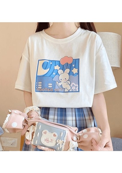 Y2K Kawaii Kore Tarzı Rabbit Beyaz T-Shirt
