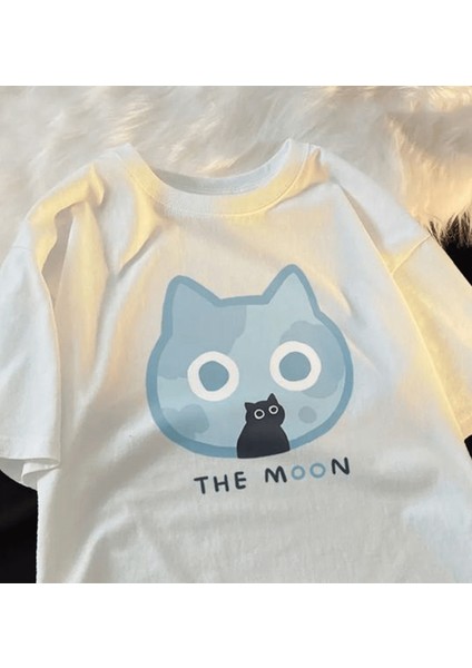 Y2K Kawaii Kore Tarzı The Moon Beyaz T-Shirt