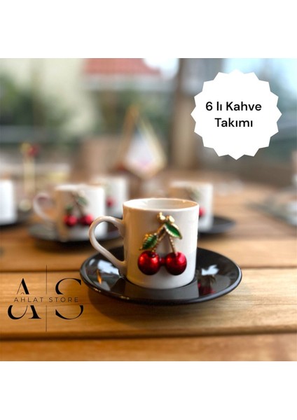 6'lı Kirazlı Fincan Takımı Siyah Altlık Kiraz Fincan Lüx Şık