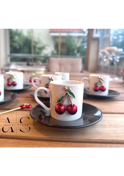 6'lı Kirazlı Fincan Takımı Siyah Altlık Kiraz Fincan Lüx Şık fiyatları