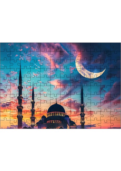 Ahşap Mdf Puzzle Yapboz Gün Batımında Cami ve Ay 120 Parça 25*35 cm