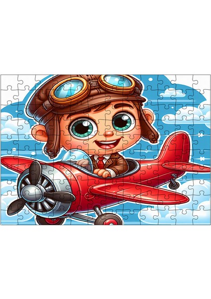 Ahşap Mdf Puzzle Yapboz Kırmızı Uçaklı Çocuk 120 Parça 25*35 cm