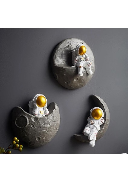 3lü Ay Üstü Astronot Büyük Boy Dekorotif Modern Biblo Duvar Askılı indirimleri