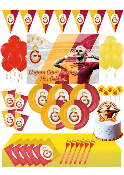 35X50CM Afişli Galatasaray 24 Kişilik Pasta Süsü Dahil Doğum Günü Seti - Icardi