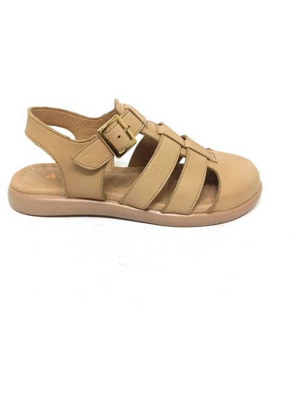 Bej Deri Kadın Sandalet Ayakkabı