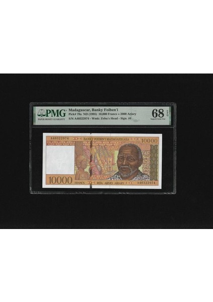 Madagaskar Madagascar Banky Foiben'i 10.000 Francs Frank P79A Nd (1995) Pmg 68 Epq Superb Gem Unc Çil