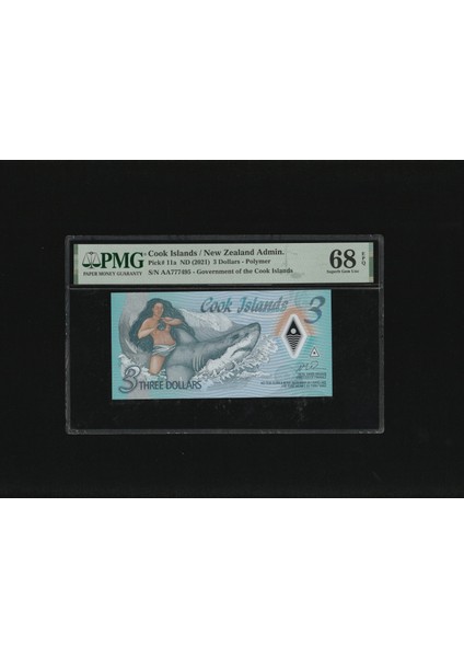 Cook Islands New Zealand Admin. 3 Dollars Sn AA777495 Polymer P11A Nd (2021) Pmg 68 Epq Super Gem Unc Çil