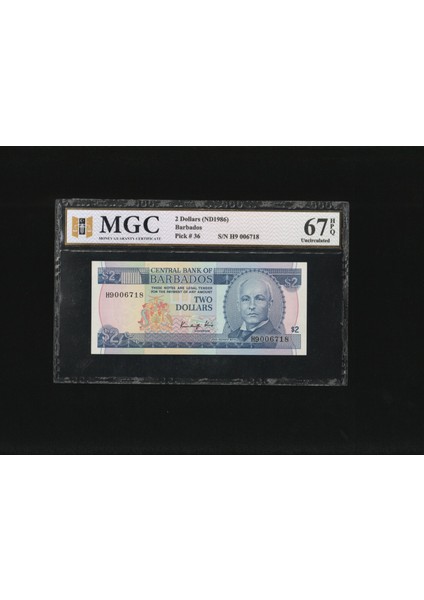 Barbados 2 Dollars Nd 1986 Mgc 67 P36 Sn H9 006718 Hpq (Epq) Unc Çil
